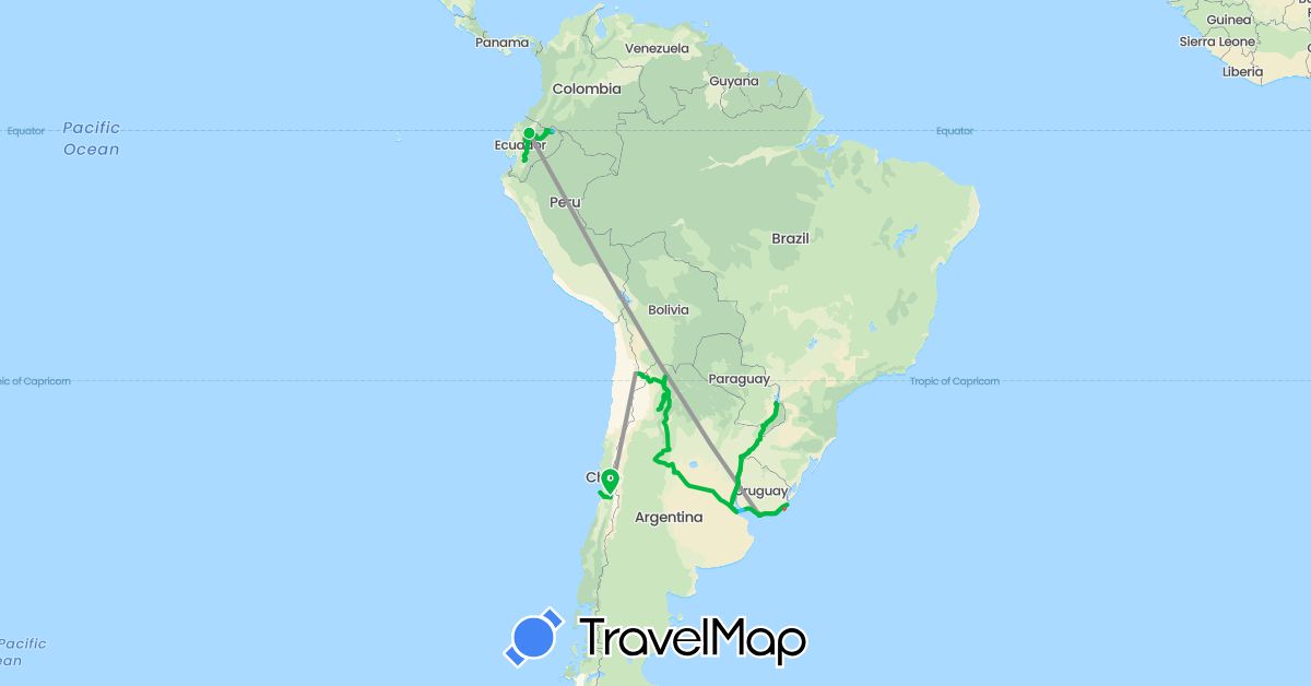 TravelMap itinerary: bus, plane, hiking, boat in Argentina, Brazil, Chile, Ecuador, Uruguay (South America)
